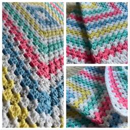 Handmade Crochet Granny Square Blanket White & Pastel Coloured Multicoloured Soft Throw Bright Cheerful Unique Handcrafted Striped Gift - thumbnail 3