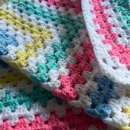 Handmade Crochet Granny Square Blanket White & Pastel Coloured Multicoloured Soft Throw Bright Cheerful Unique Handcrafted Striped Gift - thumbnail 2