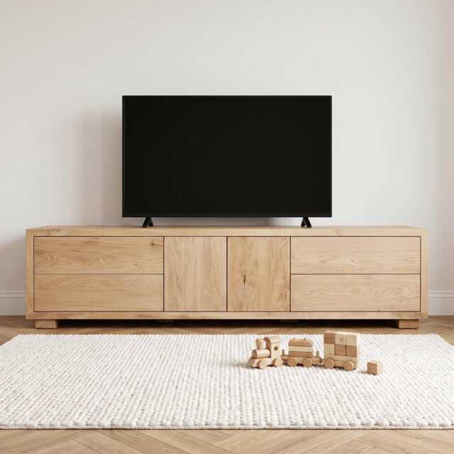 Hand-Crafted Oak Tv Cabinet - Modern Media Center With Drawers Clear Satin Finish - image 1