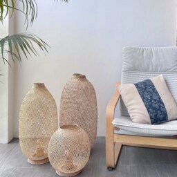 Bamboo Floor Lamp Set - Tall Woven Wicker Basket Light, Rattan Plug-In, Bali Beach Style - thumbnail 3