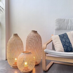 Bamboo Floor Lamp Set - Tall Woven Wicker Basket Light, Rattan Plug-In, Bali Beach Style - thumbnail 2