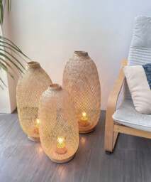 Bamboo Floor Lamp Set - Tall Woven Wicker Basket Light, Rattan Plug-In, Bali Beach Style - thumbnail 1