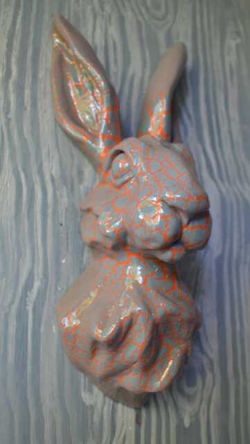 Grey & Orange Crackle Effect Hare Head - Wall Mounted Pink Rabbit - image 1