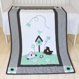 Baby Boy Blanket, Lamb Crib Quilt, Organic Sheep Mint Green Black White & Gray Bedding - thumbnail 2