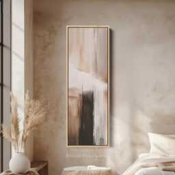 Minimal Sunset Seascape Vertical Wall Art in Deep Teal With A Glowing Amber Sun For Calm Coastal Energy Long Slim Framed Canvas - thumbnail 1