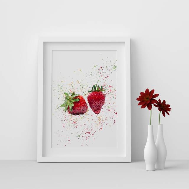 strawberry Fruit Watercolour Splash A3, A4, 10x8, 8x6, 5x7 & 4x6 Wall Art Prints