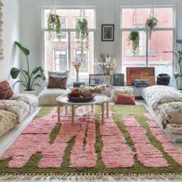Pink & Olive Green Abstract Block Moroccan Rug - Handmade Berber Shag Carpet Large Area Modern Pastel Wool Decor - thumbnail 3