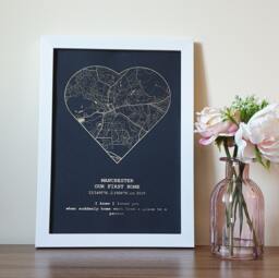 A4 Custom Metallic Foil Heart Shaped Map Print, Any Location Personalised Copper, Gold, Silver Or Rose Gold Print - thumbnail 1