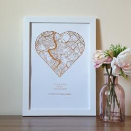 A4 Custom Metallic Foil Heart Shaped Map Print, Any Location Personalised Copper, Gold, Silver Or Rose Gold Print - thumbnail 2