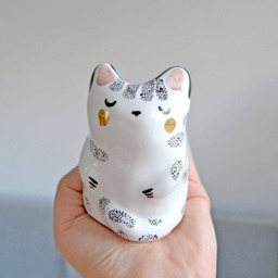 Unique Cat Lover Gift Idea, Animal Totem, Ceramic Miniature Gold Decorated - thumbnail 1