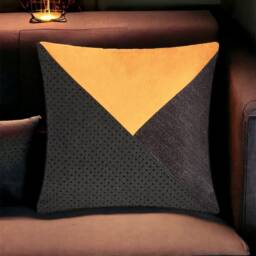 Gray Spotted Bright Fabric & Yellow Suede Geometrical Decorative Pillow Cover, Home Decor, Cushion, Throw Pillow, Gifts For Her - thumbnail 2