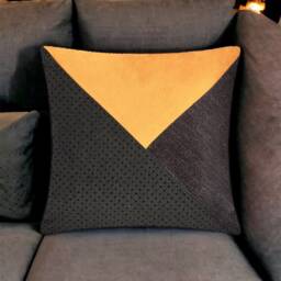 Gray Spotted Bright Fabric & Yellow Suede Geometrical Decorative Pillow Cover, Home Decor, Cushion, Throw Pillow, Gifts For Her - thumbnail 3