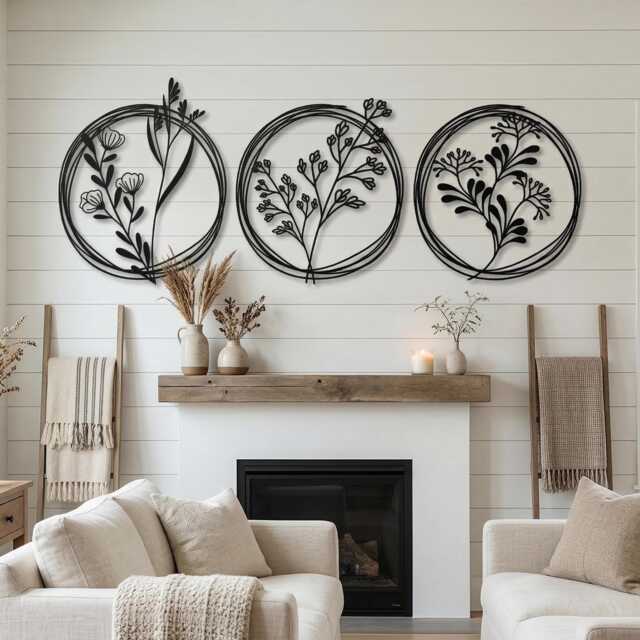 Set Of 3 Metal Botanical Flower Wall Art, Modern Farmhouse Circles Living Room Decor - image 1