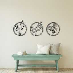 Set Of 3 Metal Botanical Flower Wall Art, Modern Farmhouse Circles Living Room Decor - thumbnail 4