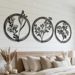 Set Of 3 Metal Botanical Flower Wall Art, Modern Farmhouse Circles Living Room Decor - thumbnail 3