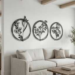 Set Of 3 Metal Botanical Flower Wall Art, Modern Farmhouse Circles Living Room Decor - thumbnail 2