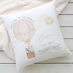 Personalised New Baby Cushion, Girl Gift, Welcome To The World Girl, Nursery Decor, Pillow, Pink Air Balloon - thumbnail 3