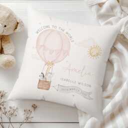 Personalised New Baby Cushion, Girl Gift, Welcome To The World Girl, Nursery Decor, Pillow, Pink Air Balloon