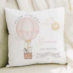 Personalised New Baby Cushion, Girl Gift, Welcome To The World Girl, Nursery Decor, Pillow, Pink Air Balloon - thumbnail 2
