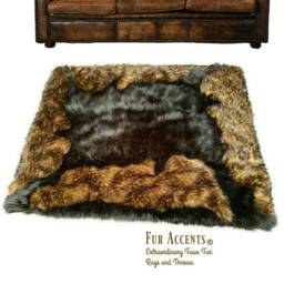 Black Faux Fur Area Rug - Brown Wolf Trim, Hand Sewn - thumbnail 2