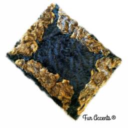 Black Faux Fur Area Rug - Brown Wolf Trim, Hand Sewn - thumbnail 1