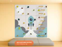 Kids Climbing Wall - Rock Indoor Play For Room - Green Light Rocket Design, Custom Made, Holds Included