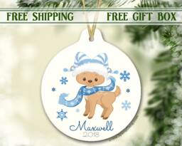 Christmas Ornament For Boy- Personalized - Baby Deer Reindeer Baby's 1st Boy First