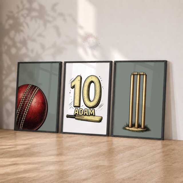 Personalised Cricket Prints - Boys Bedroom Wall Art, Kids Name & Number Poster Set Of 3 - image 1