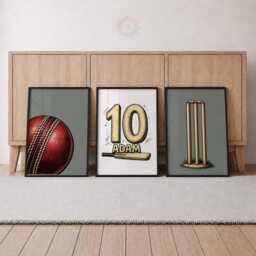 Personalised Cricket Prints - Boys Bedroom Wall Art, Kids Name & Number Poster Set Of 3 - thumbnail 2