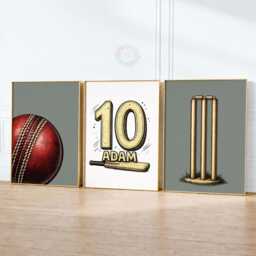Personalised Cricket Prints - Boys Bedroom Wall Art, Kids Name & Number Poster Set Of 3 - thumbnail 3