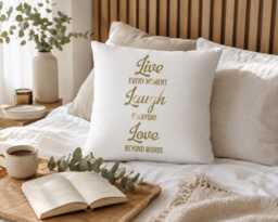 Live Laugh Love Throw Pillow, Farmhouse Inspirational Cushion, White Decorative Housewarming Gift, Living Room Decor - thumbnail 1
