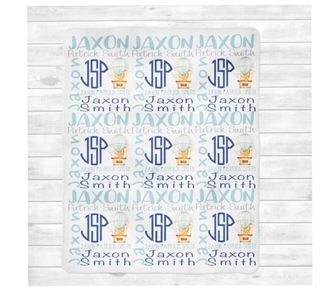 Personalized Balloon Baby Blanket Boy, Monogrammed Name Blanket, Hospital Take Home Shower Gift, Newborn Photo Swaddle - image 1