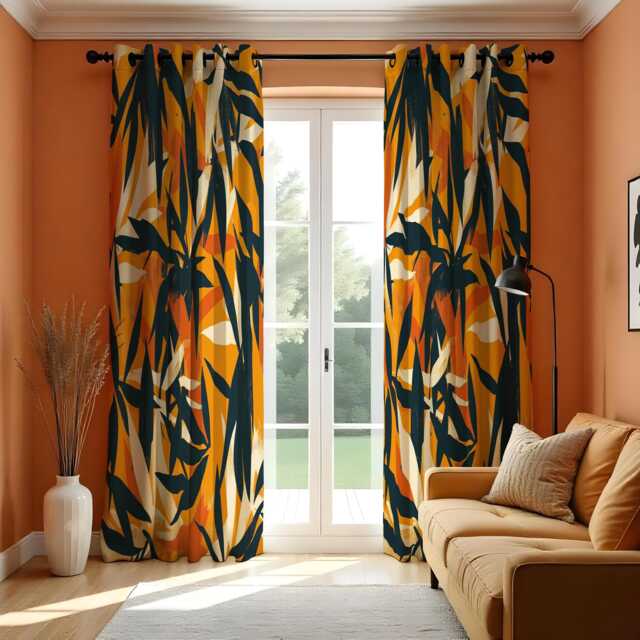 Orange Abstract Curtains, Bold Brushstroke Leaf Pattern Modern Artistic Drapes, Contemporary Living Room Home Decor - image 1