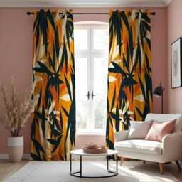Orange Abstract Curtains, Bold Brushstroke Leaf Pattern Modern Artistic Drapes, Contemporary Living Room Home Decor - thumbnail 2
