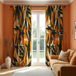 Orange Abstract Curtains, Bold Brushstroke Leaf Pattern Modern Artistic Drapes, Contemporary Living Room Home Decor