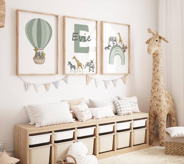 Personalized Safari Nursery Prints Sage Green Rainbow Wall Art, Set Of 3 - image 1
