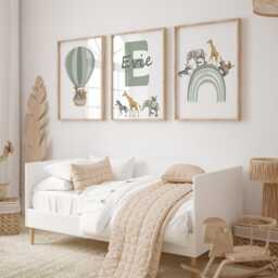 Personalized Safari Nursery Prints Sage Green Rainbow Wall Art, Set Of 3 - thumbnail 2