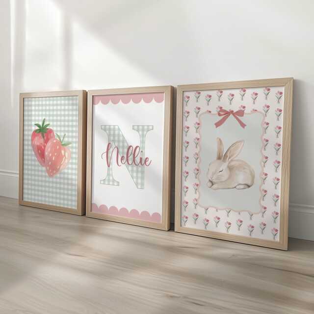 Girls Personalised Set Of 3 Nursery Prints, Scalloped Gingham Initial, Strawberry & Bunny Wall Art - Optional Frames - image 1