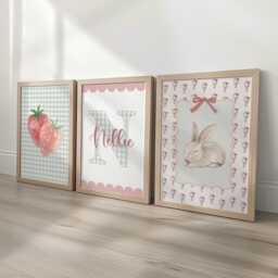 Girls Personalised Set Of 3 Nursery Prints, Scalloped Gingham Initial, Strawberry & Bunny Wall Art - Optional Frames - thumbnail 1