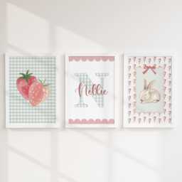Girls Personalised Set Of 3 Nursery Prints, Scalloped Gingham Initial, Strawberry & Bunny Wall Art - Optional Frames - thumbnail 2