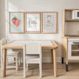 Girls Personalised Set Of 3 Nursery Prints, Scalloped Gingham Initial, Strawberry & Bunny Wall Art - Optional Frames - thumbnail 3