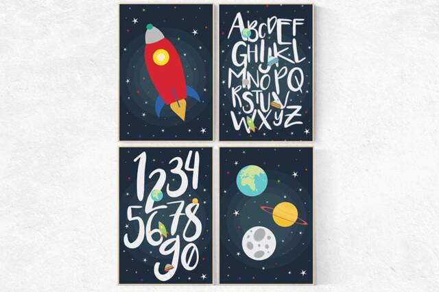 Space Nursery Wall Art Rocket, Planets, Abc, 123 Prints - image 1
