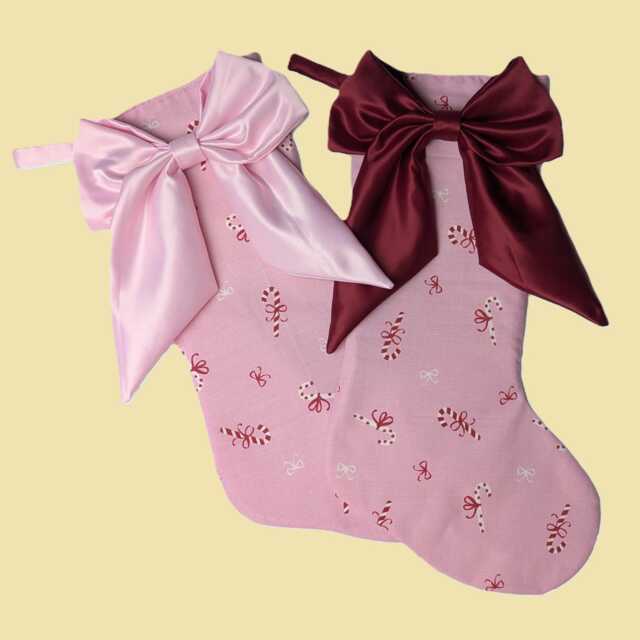 Personalized Candy Cane Christmas Stocking Handmade With Large Satin Bow, Calico Lined - image 1
