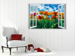 3D Window Flowers Decal, Frame, Wall Decor, Flower Decals, Vinyl Stickers, Peel & Stick Vinyl W56