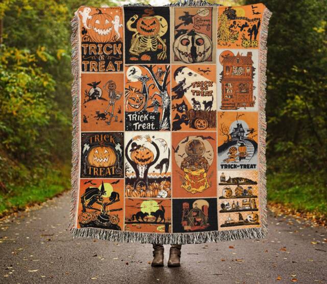 Retro Halloween Woven Throw Blanket Jack-O'-Lantern Trick Or Treat Tapestry - image 1