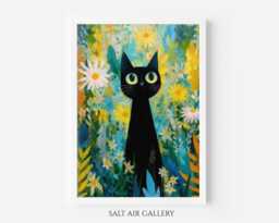 Matisse Inspired Black Cat Wall Art Print, Feline Illustration, Colourful Painting - thumbnail 1
