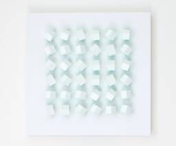 Modern Art Wall Sculpture Block Geometric Minimalist Grid Pattern White With Green Color Reflection Rotatable Blocks Changeable