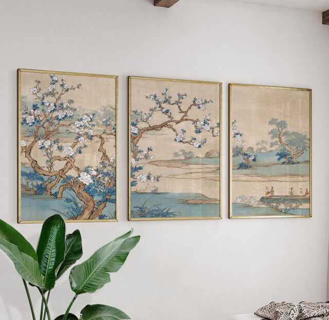 Blossom Tree Landscape Poster Set Of 3 - Traditional Figures & Flowing Branches Soft Blue Beige Tones - image 1