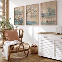 Blossom Tree Landscape Poster Set Of 3 - Traditional Figures & Flowing Branches Soft Blue Beige Tones - thumbnail 3