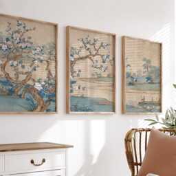 Blossom Tree Landscape Poster Set Of 3 - Traditional Figures & Flowing Branches Soft Blue Beige Tones - thumbnail 2
